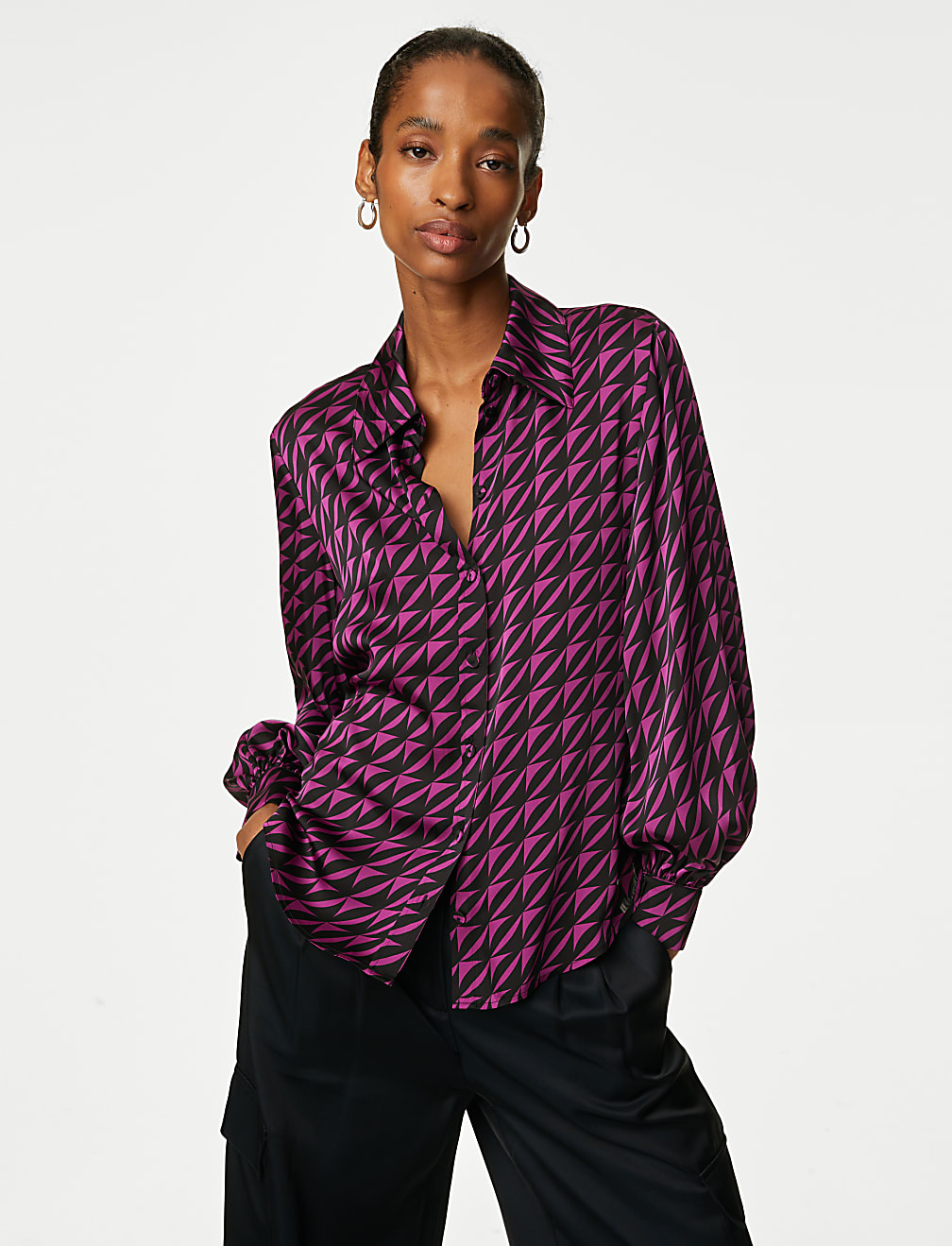 Satin Printed Blouson Sleeve Shirt