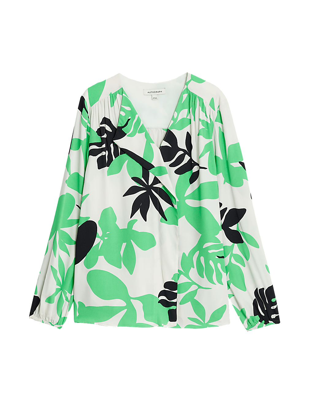 Leaf Print Draped V-Neck Blouse