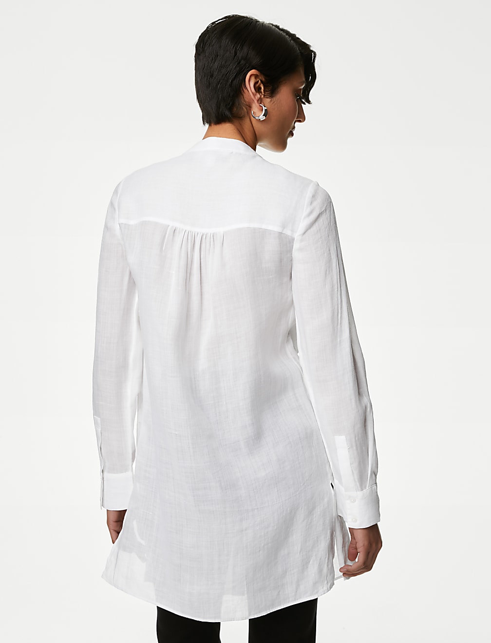 Ramie Collarless Pintuck Longline Shirt