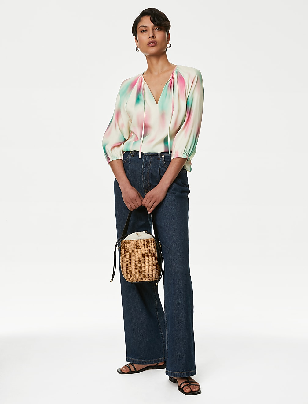 Cupro Rich Printed Tie Neck Blouse