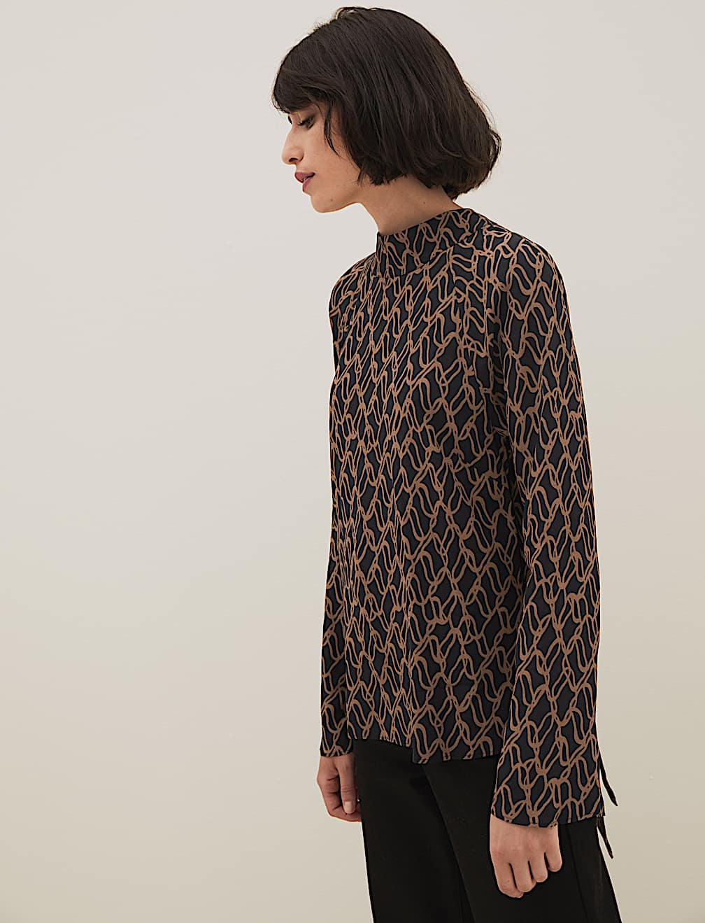 Printed High Neck Long Sleeve Blouse