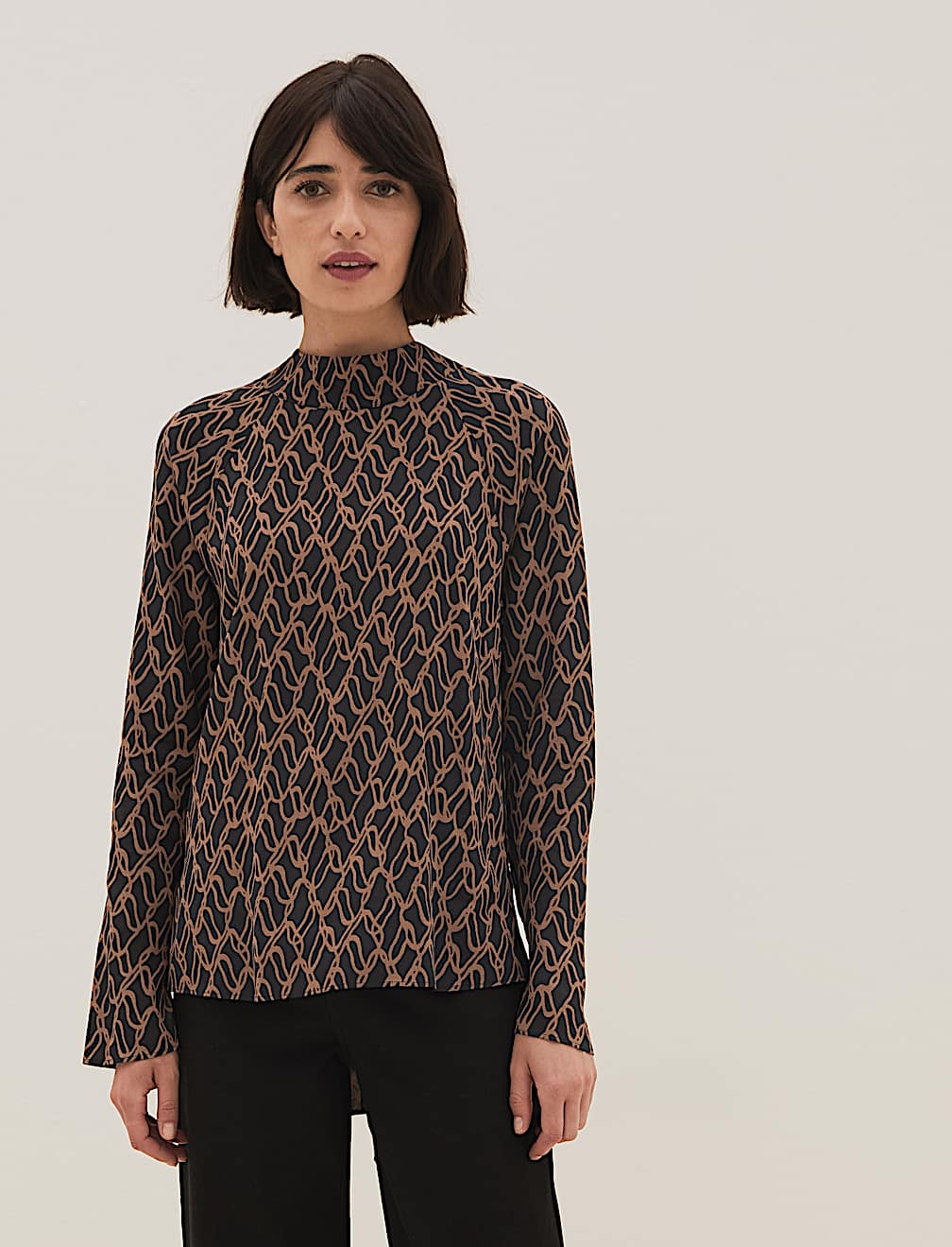 Printed High Neck Long Sleeve Blouse