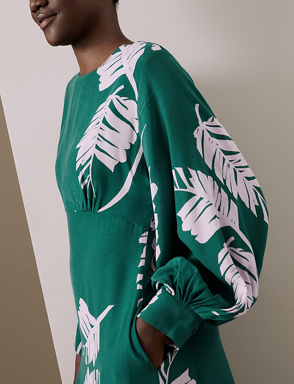 Cupro Rich Leaf Print Waisted Midaxi Dress