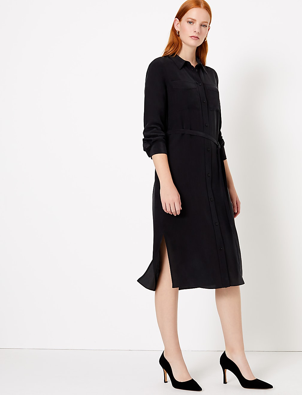 Pure Silk Midi Shirt Dress