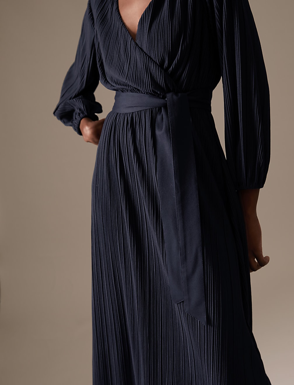 Jersey Plisse V-Neck Midi Wrap Dress