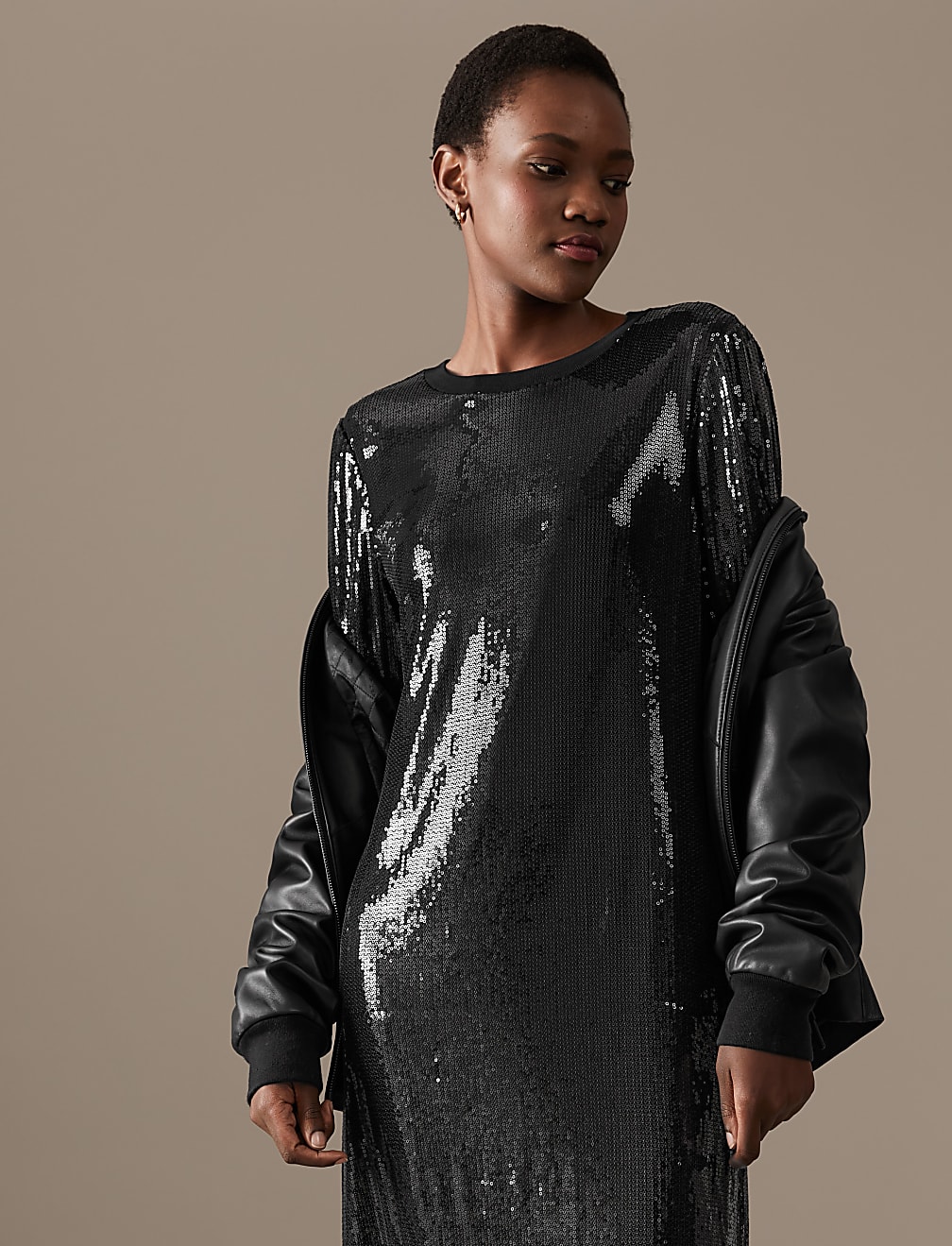 Sequin Round Neck Midi T-Shirt Dress