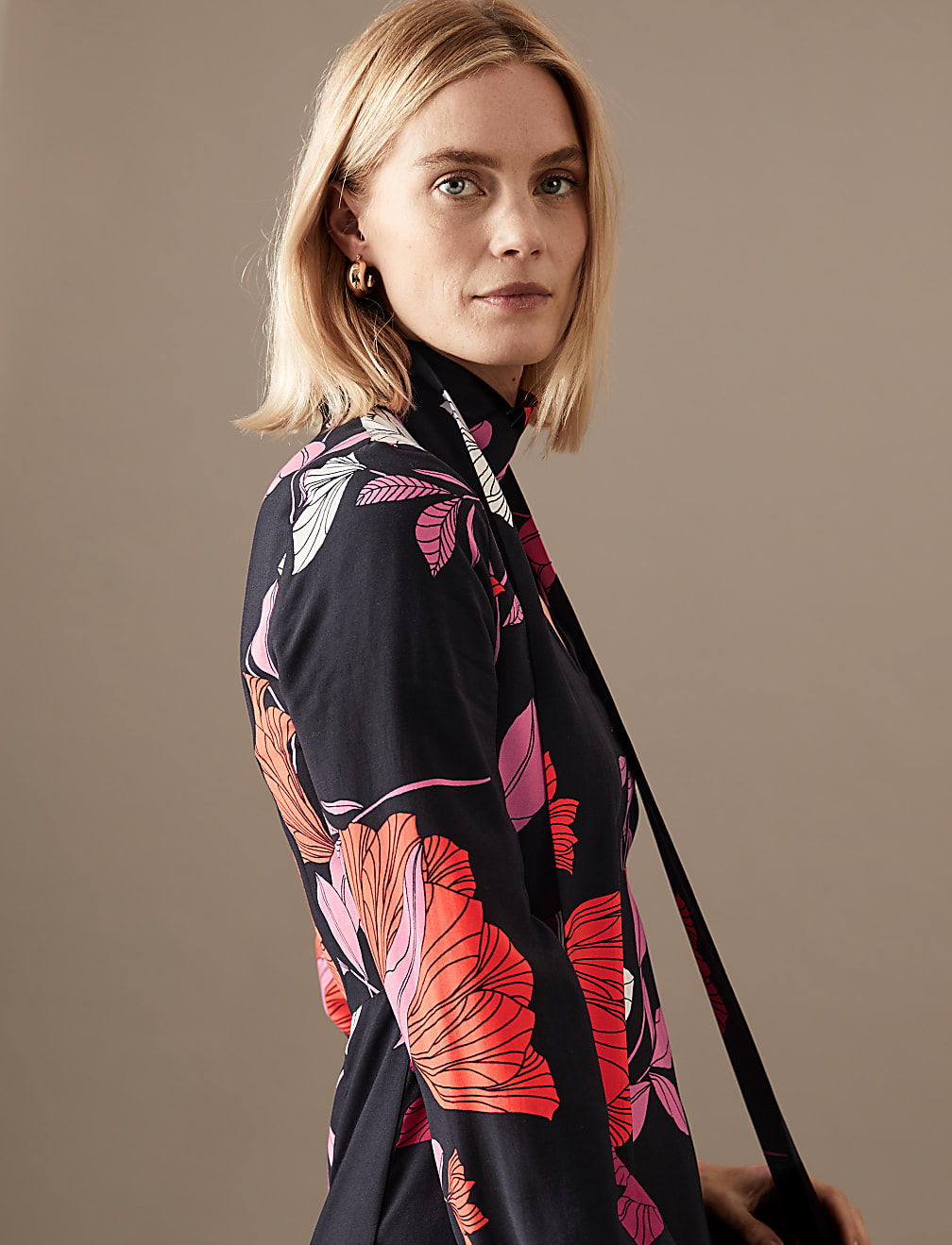 Floral Scarf Neck Midaxi Waisted Dress