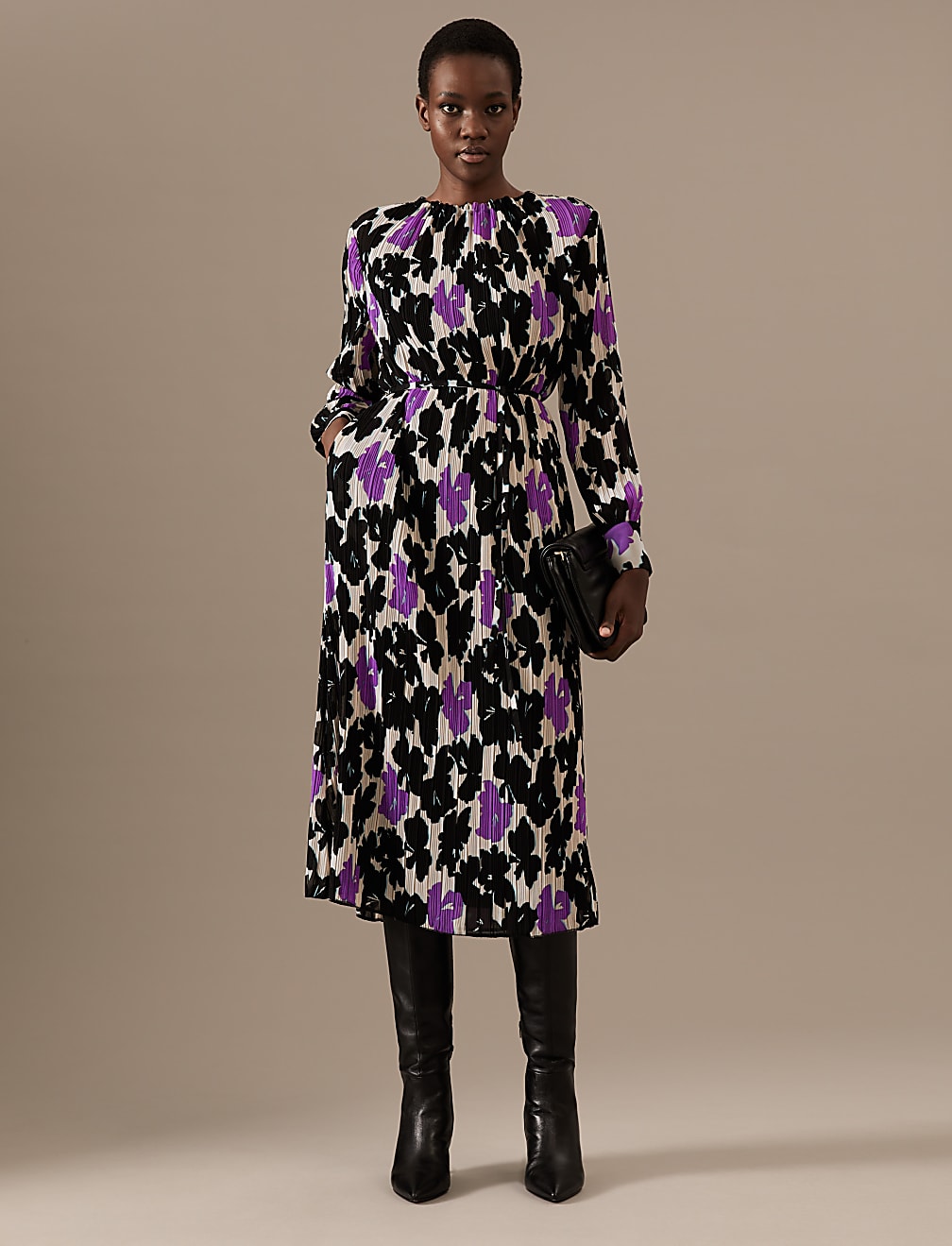 Plisse Printed High Neck Midaxi Smock Dress