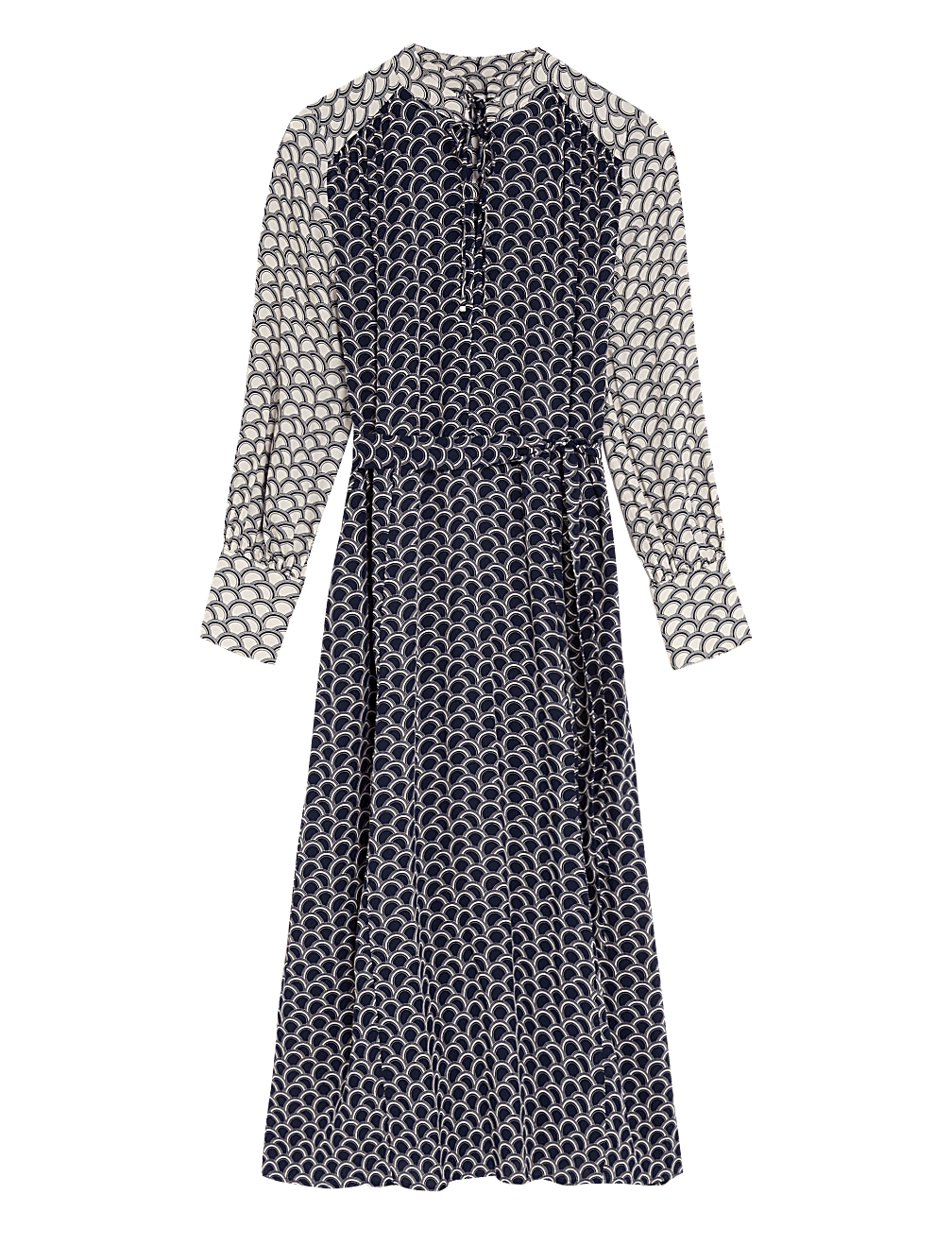 Printed Tie Neck Midaxi Waisted Dress