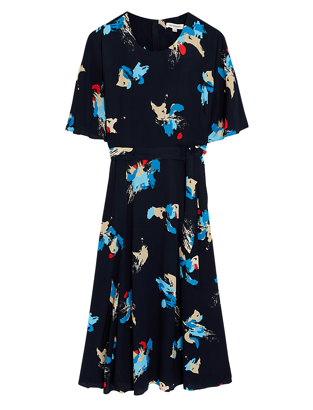 Printed Angel Sleeve Midi Waisted Dress