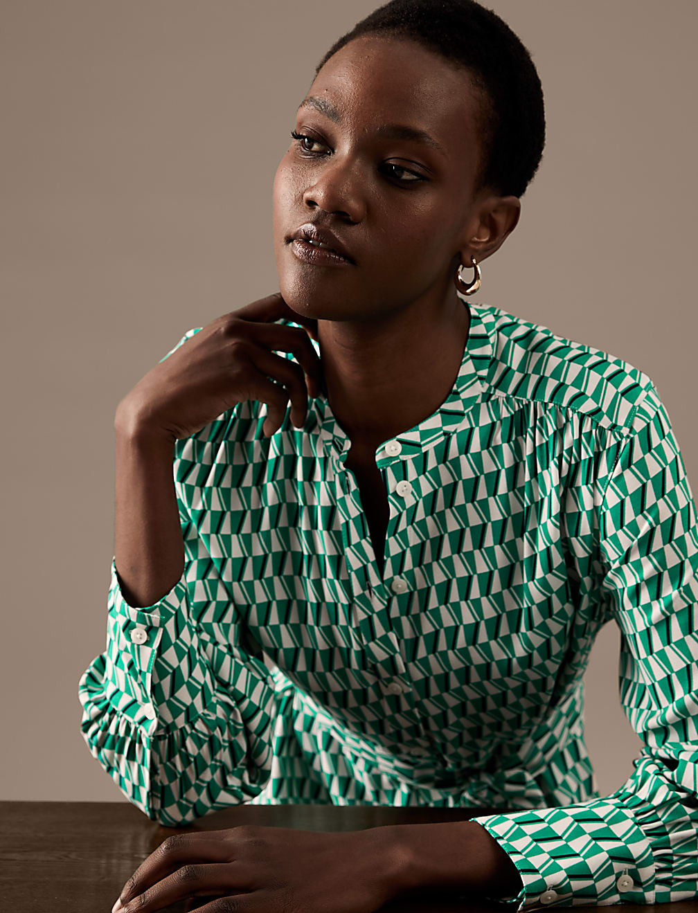 Printed Collarless Midaxi Shirt Dress