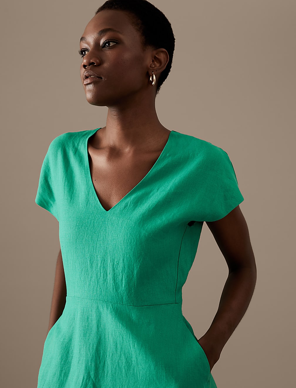 Pure Irish Linen V-Neck Midaxi Waisted Dress