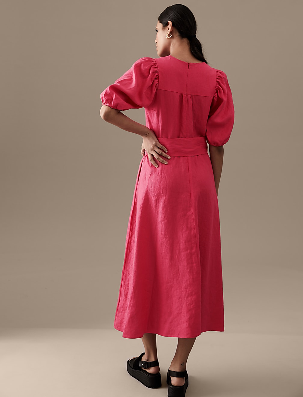 Pure Irish Linen V-Neck Midaxi Waisted Dress