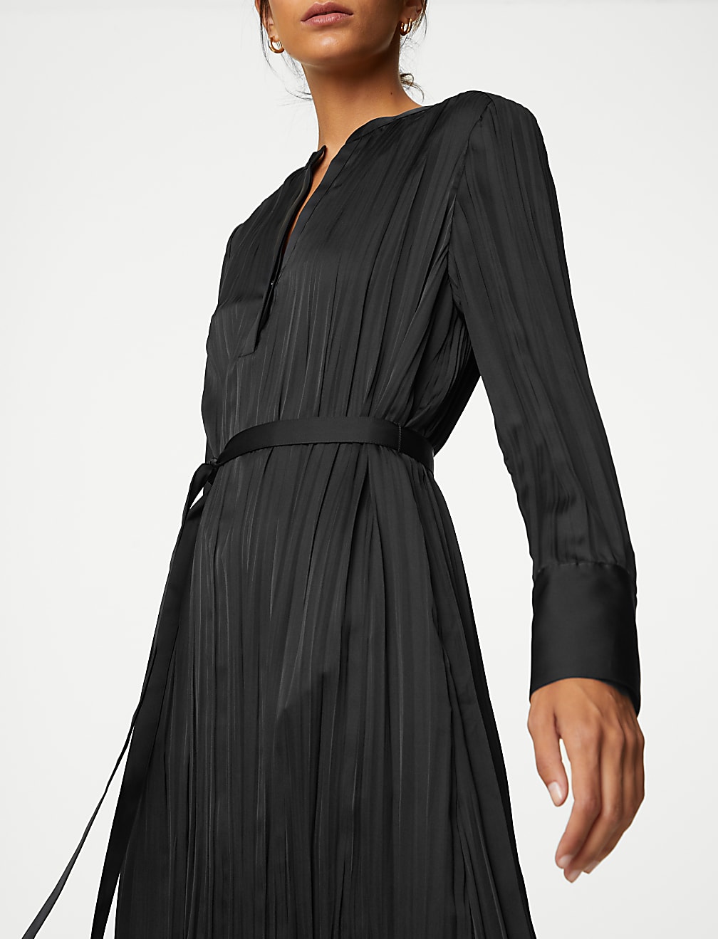 Satin Plisse Notch Neck Midaxi Shirt Dress