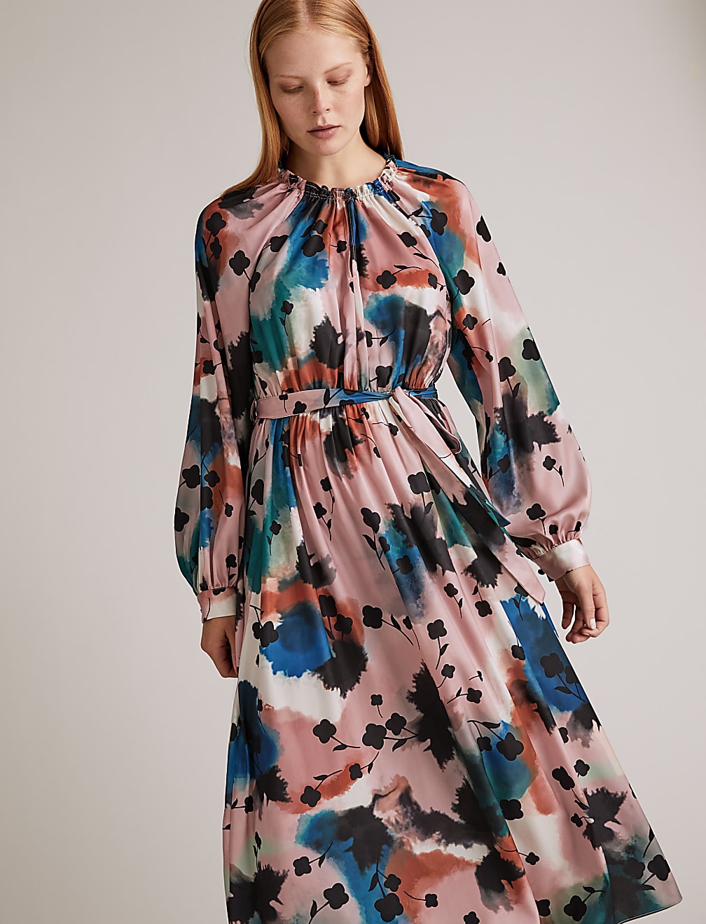 Abstract Floral Midaxi Waisted Dress