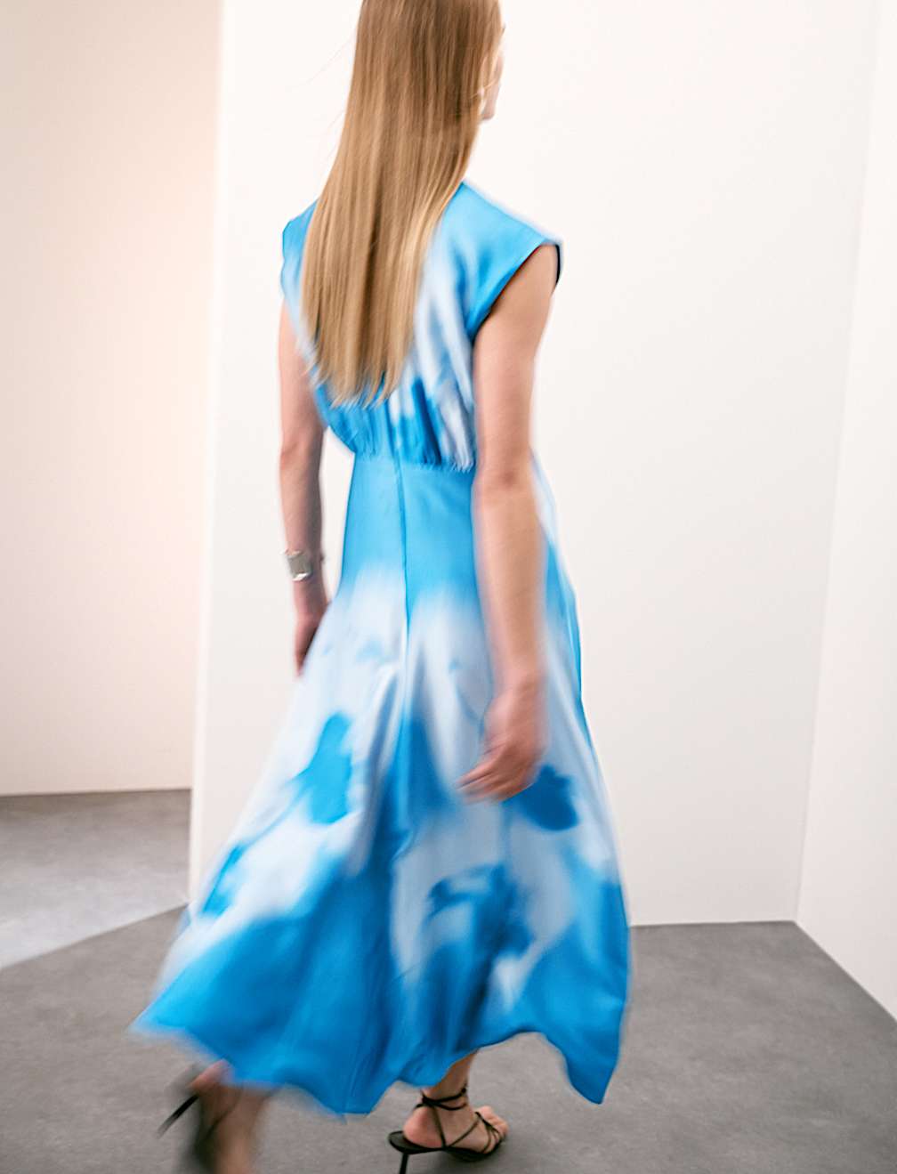 Cupro Rich Printed Round Neck Midaxi Waisted Dress