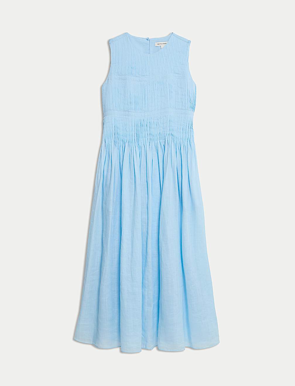 Pure Ramie Round Neck Pintuck Midi Shirred Dress