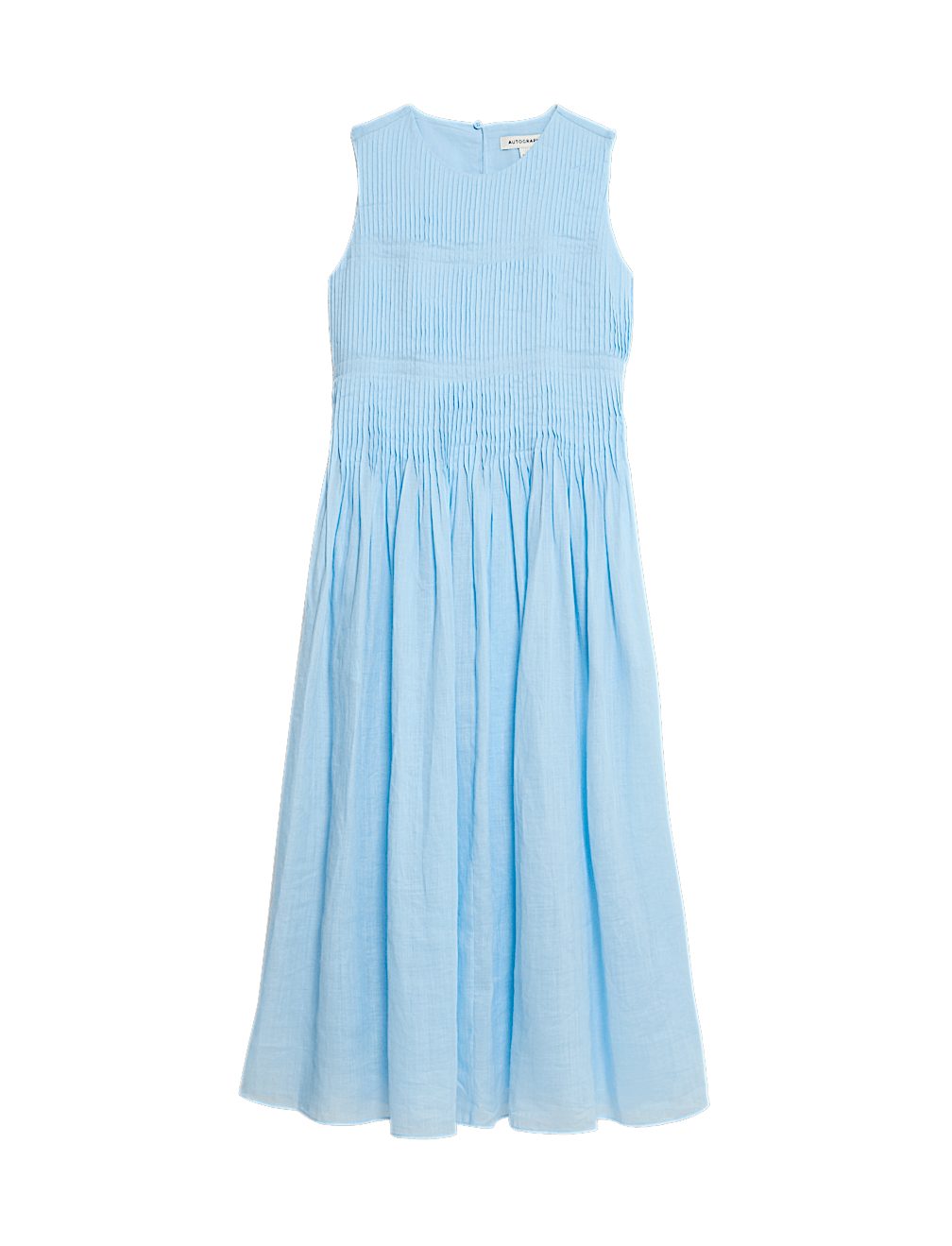 Pure Ramie Round Neck Pintuck Midi Shirred Dress