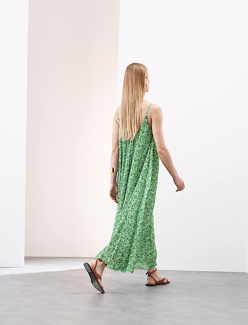 Plisse Printed V-Neck Midaxi Cami Dress