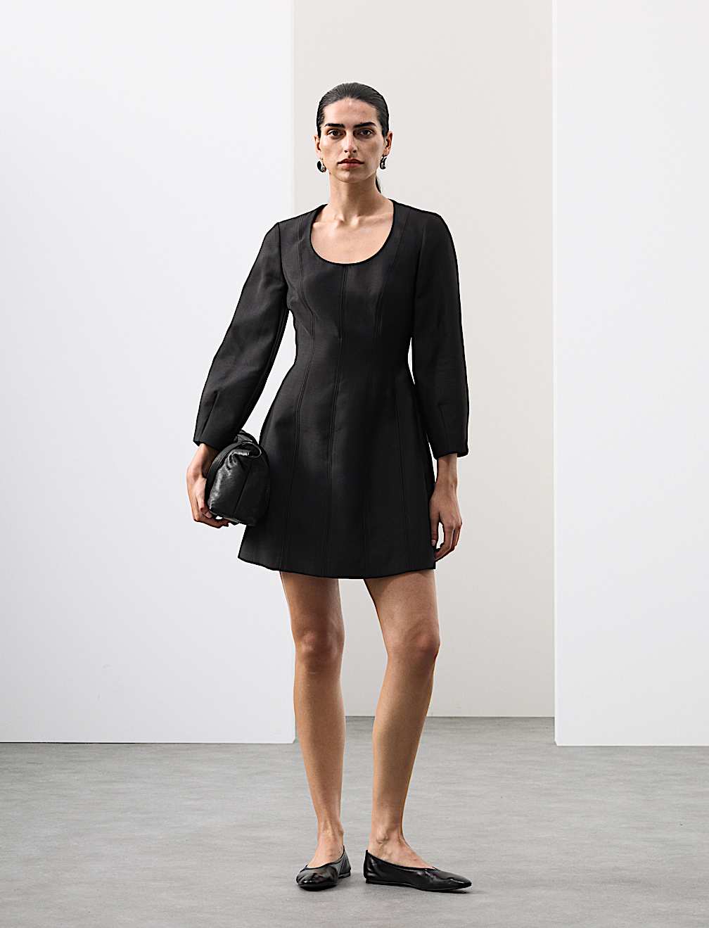 Scoop Neck Mini Waisted Dress With Wool