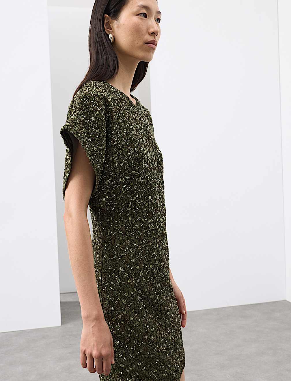 Beaded V-Neck Mini Fitted Shift Dress