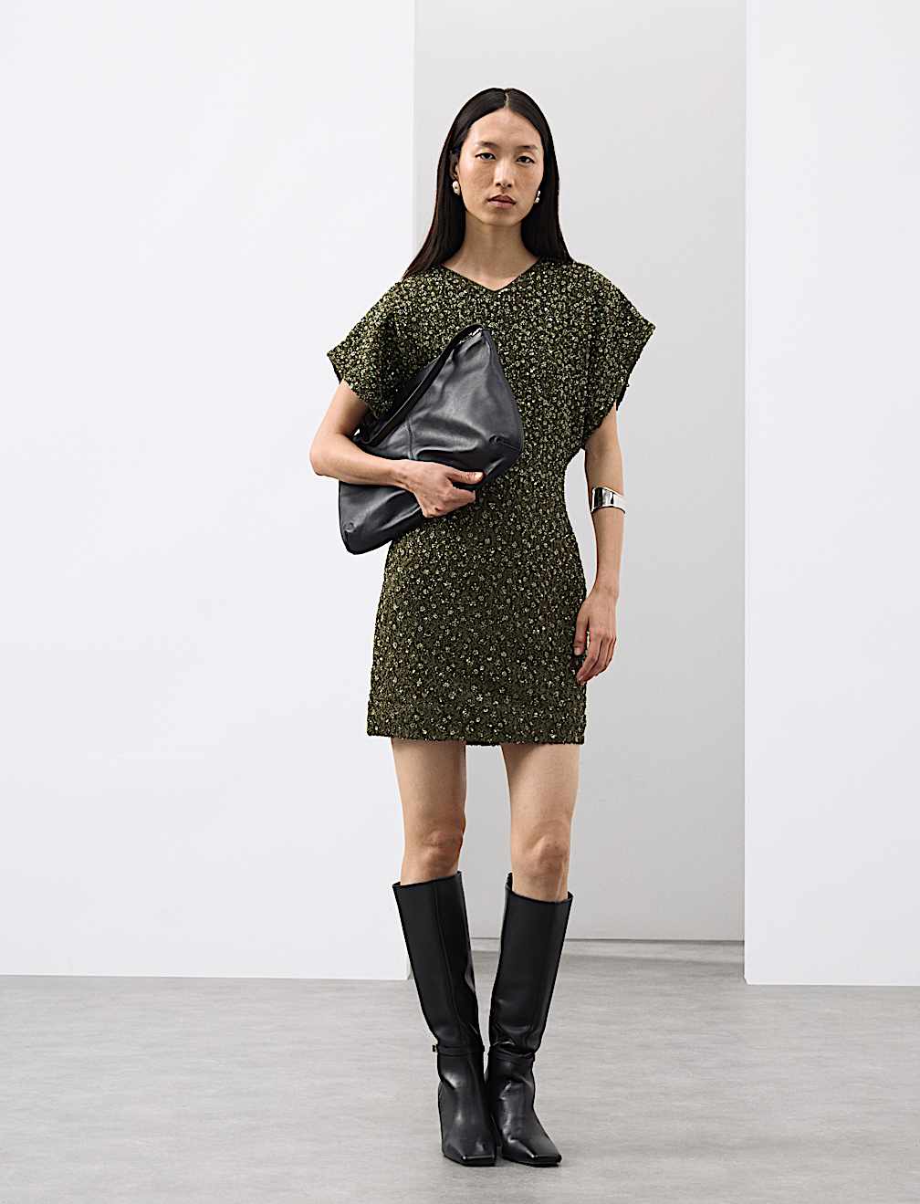 Beaded V-Neck Mini Fitted Shift Dress