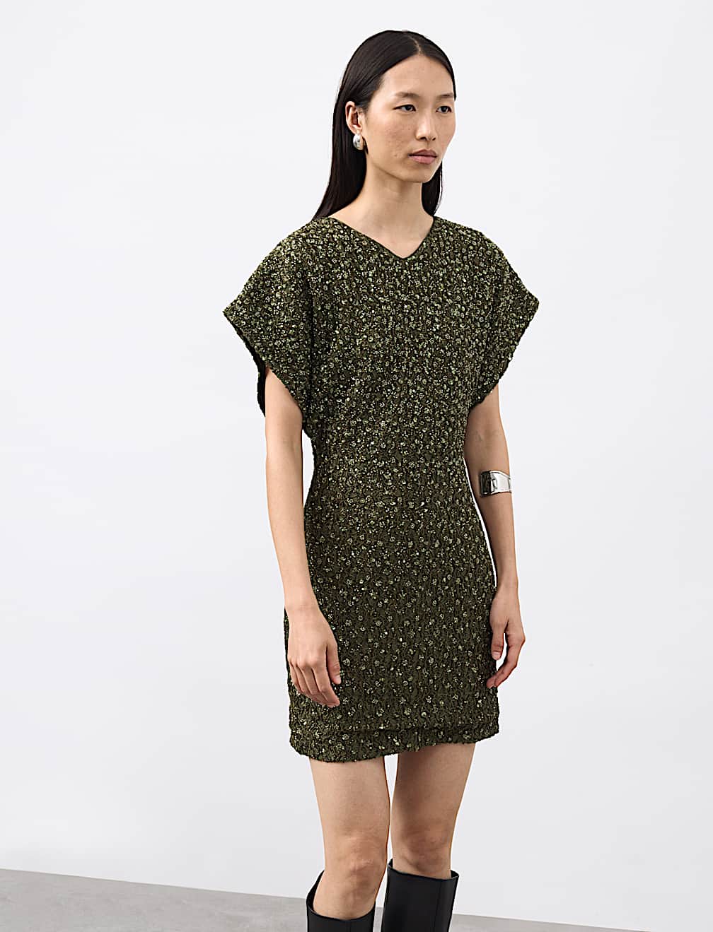 Beaded V-Neck Mini Fitted Shift Dress