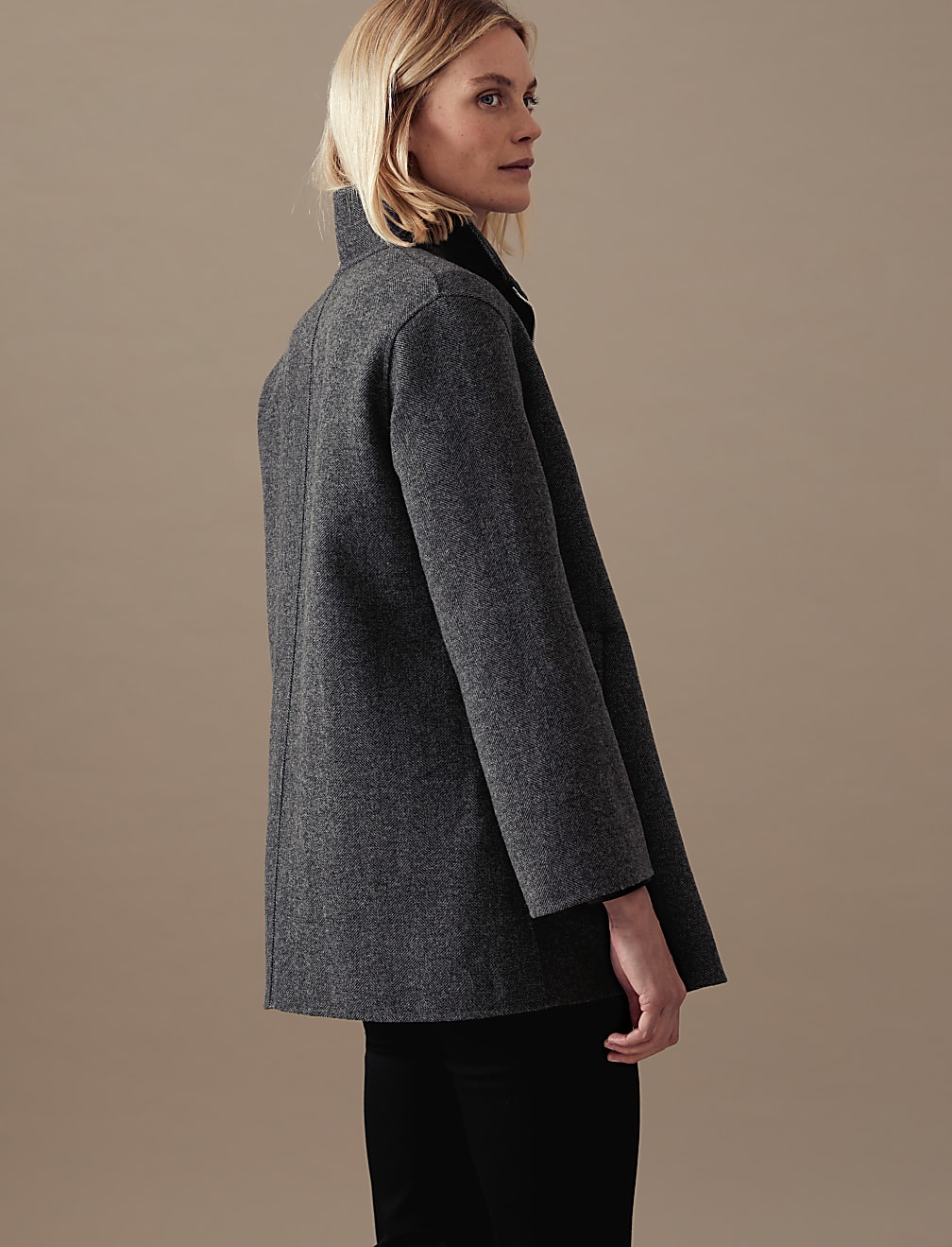 Wool Blend Herringbone Funnel Neck Coat