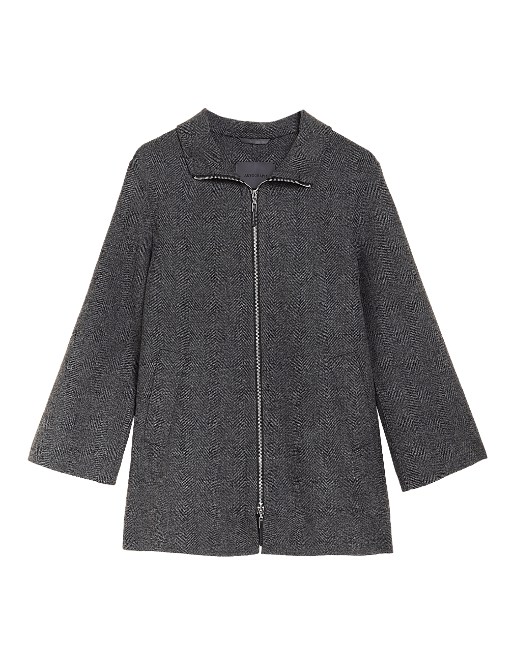 Wool Blend Herringbone Funnel Neck Coat