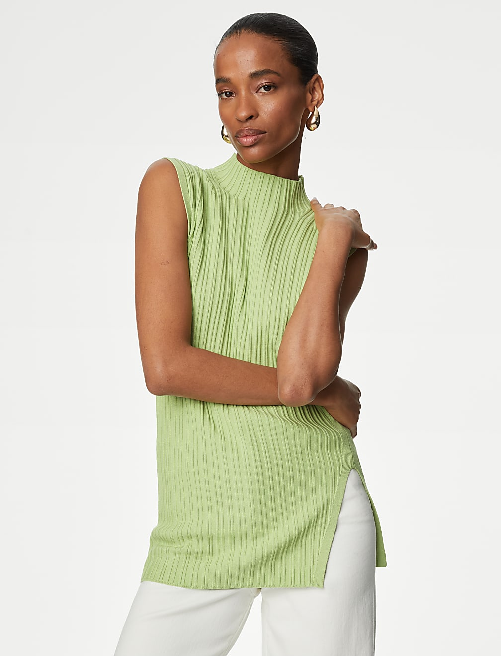 Ribbed Funnel Neck Split Hem Knitted Top