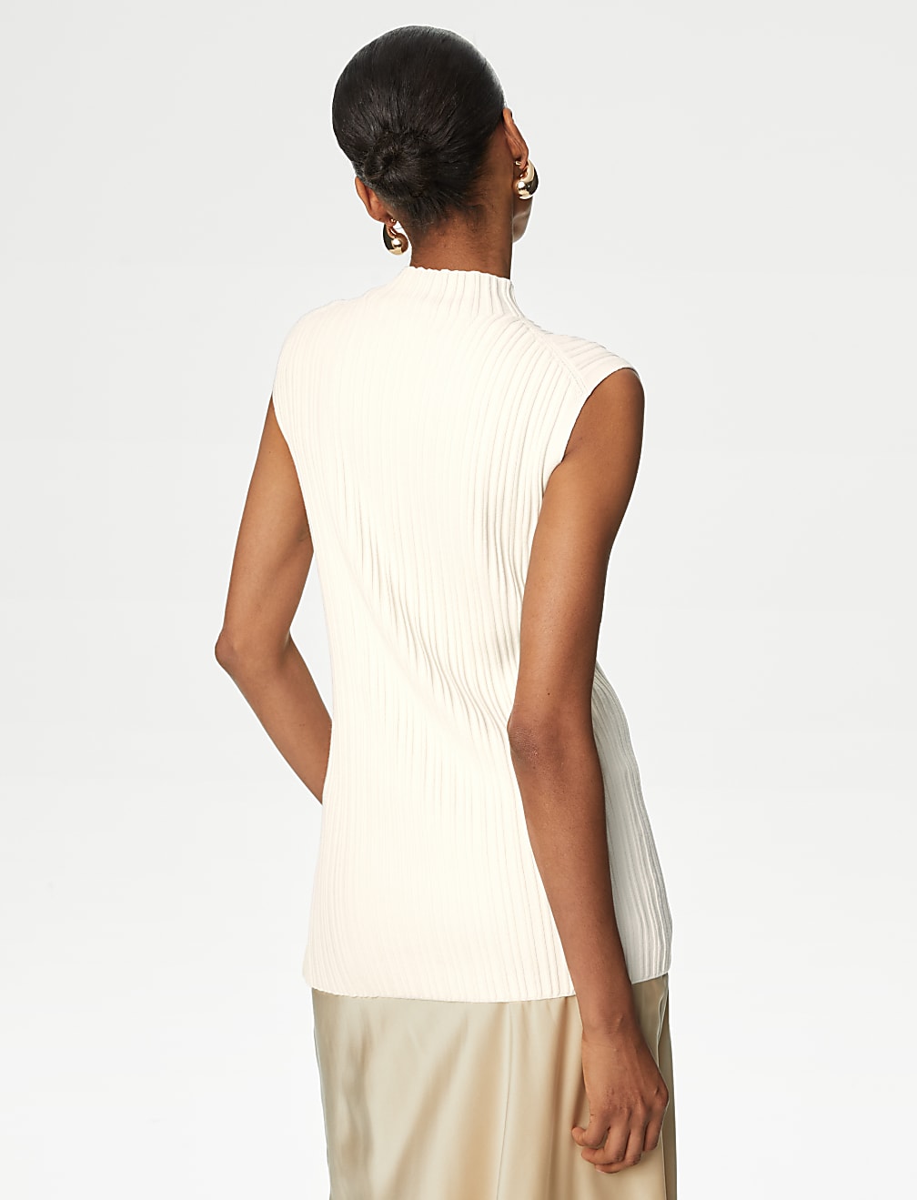 Ribbed Funnel Neck Split Hem Knitted Top