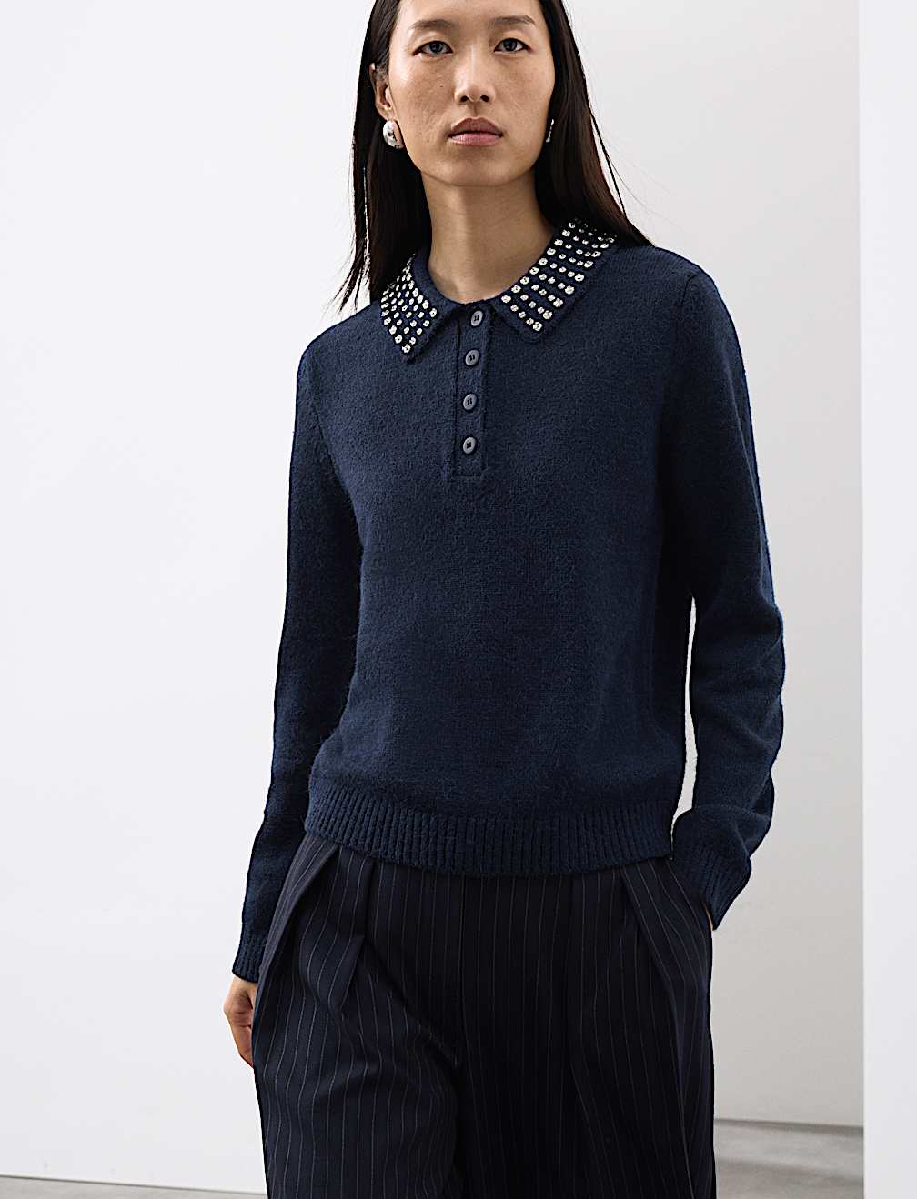 Embellished Polo Jumper with Wool