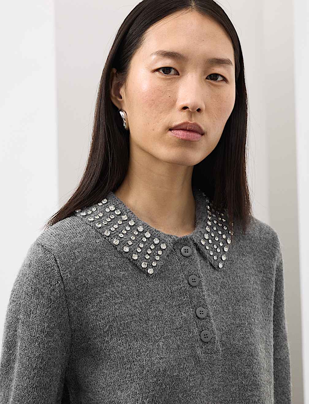 Embellished Polo Jumper with Wool