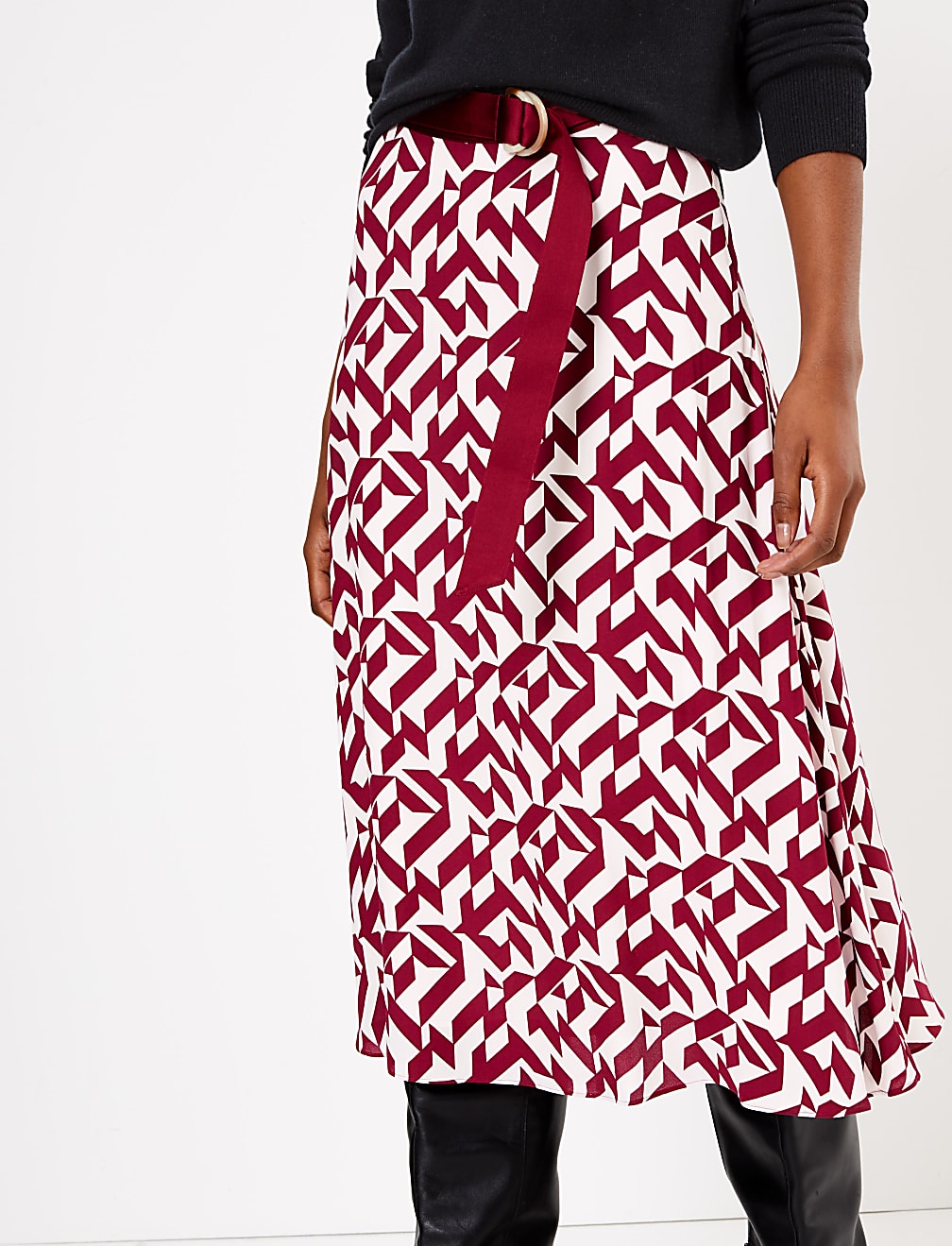 Printed Belted Midi Slip Skirt