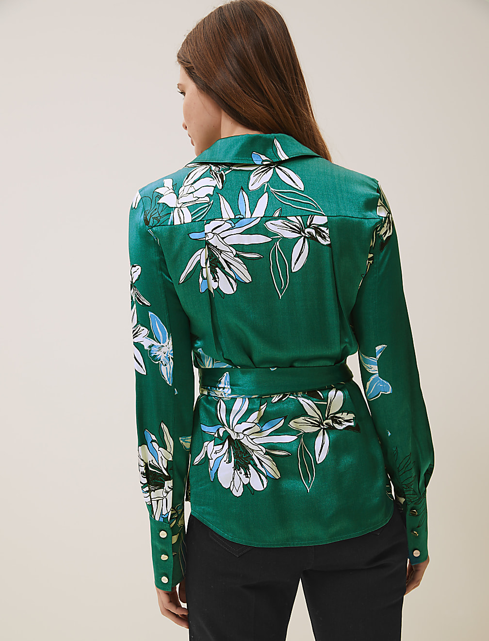 Satin Floral V-Neck Wrap Blouse