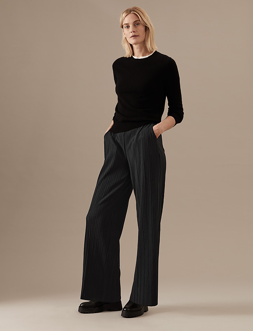 Plisse Elasticated Waist Wide Leg Trousers