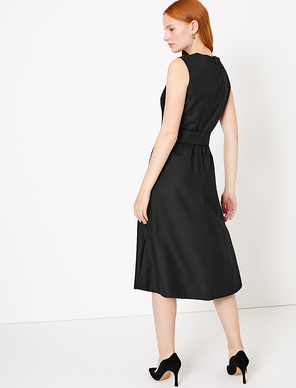 Wool Blend Belted Fit & Flare Midi Dress