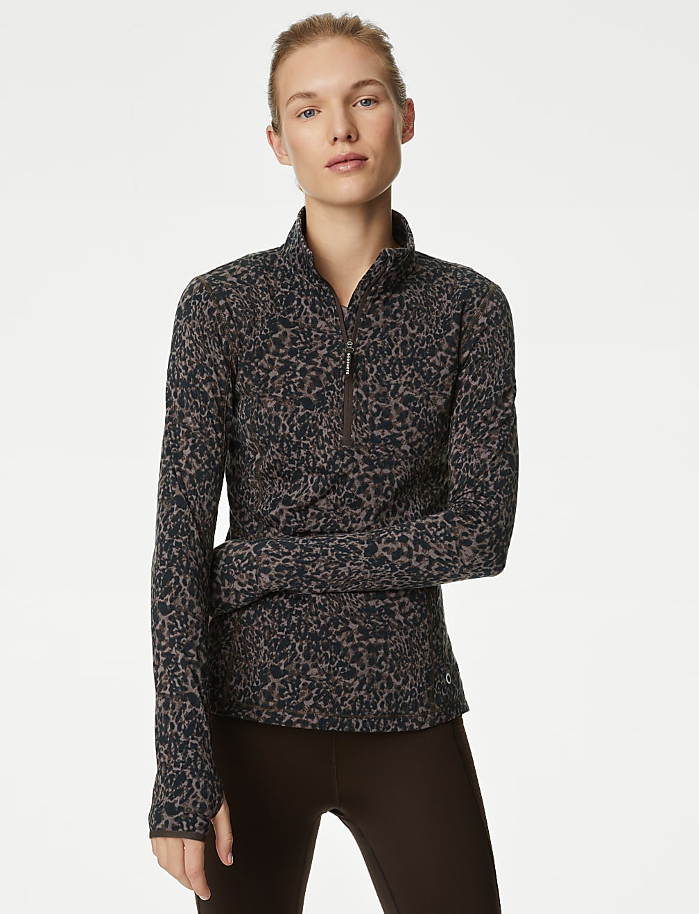 Printed Funnel Neck Half Zip Running Top