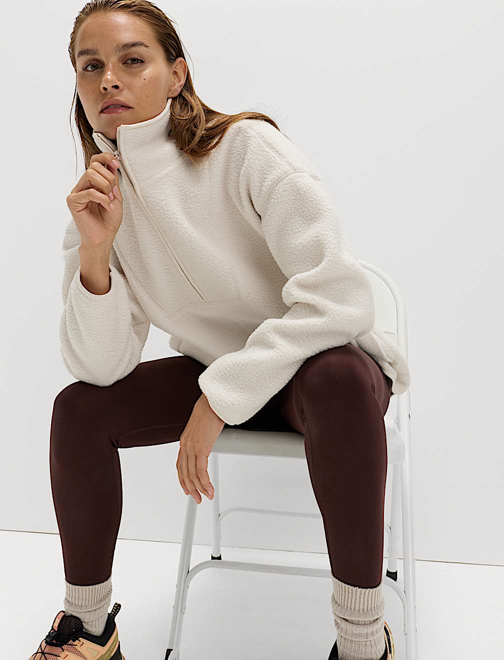 Borg Half Zip Funnel Neck Longline Fleece