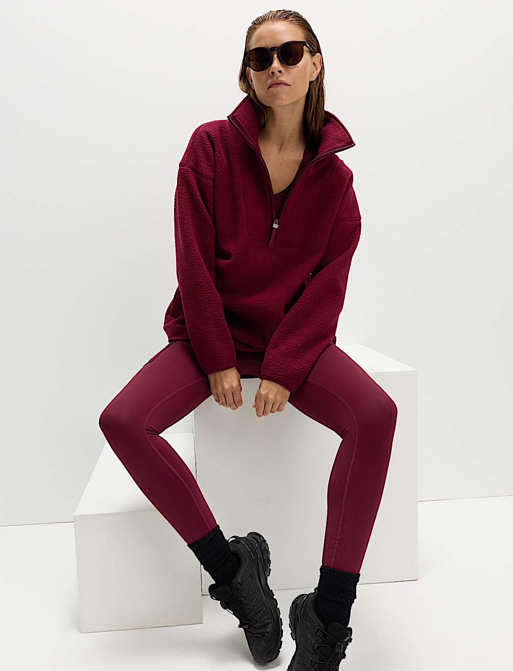 Borg Half Zip Funnel Neck Longline Fleece