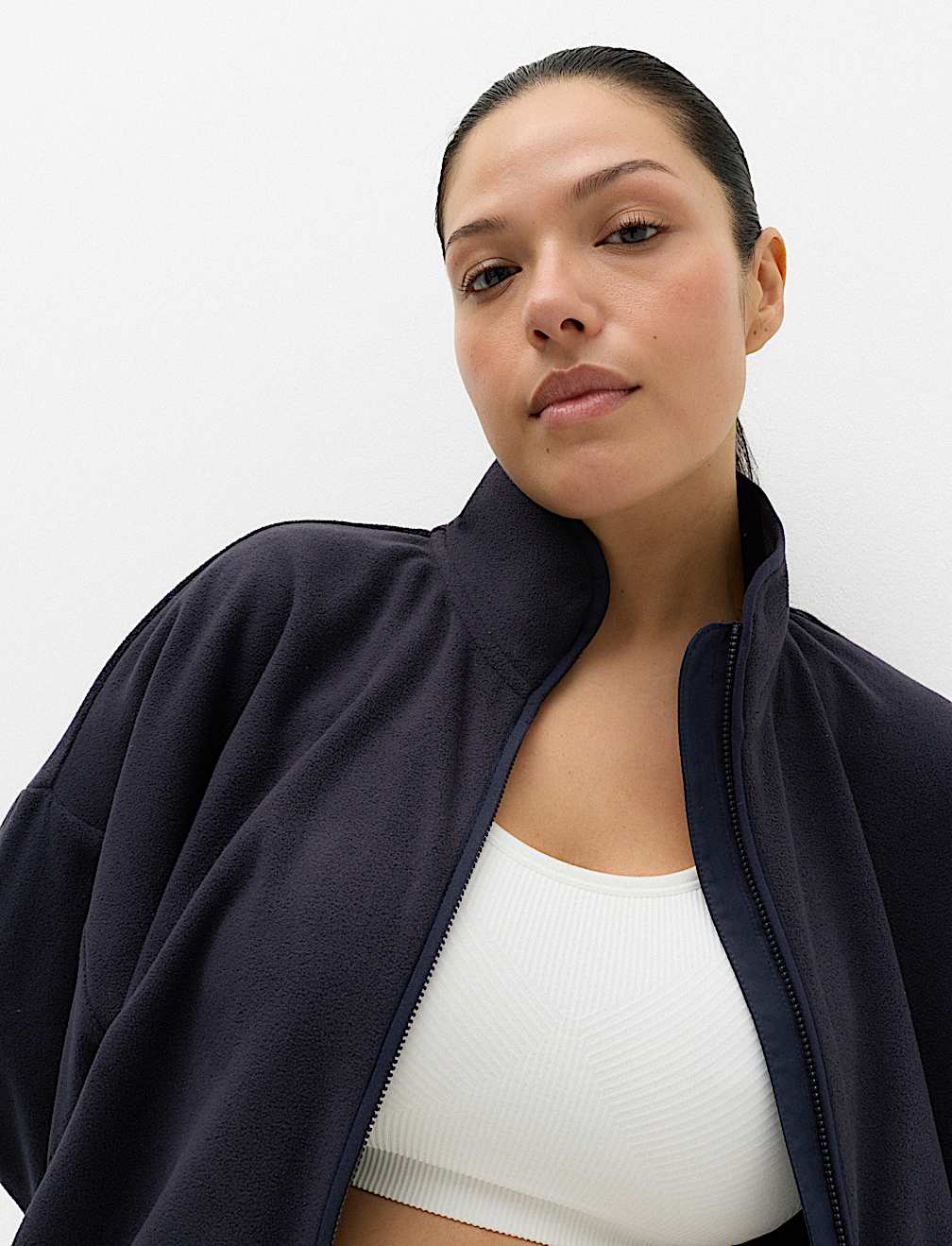 Zip Up Funnel Neck Relaxed Fleece Jacket