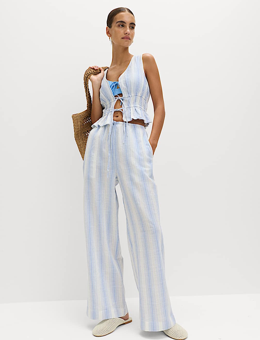 Pure Cotton Striped Tie Front Beach Top