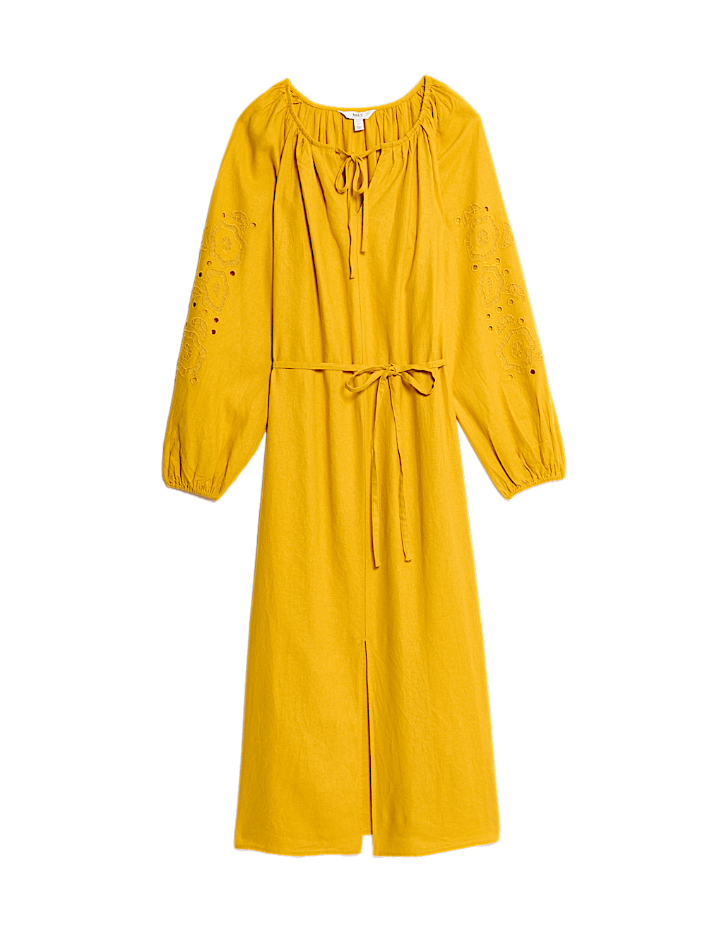 Linen Rich Broderie V-Neck Belted Midi Shift Dress