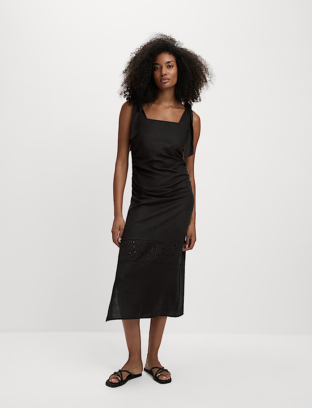 Linen Rich Broderie Midi Shift Dress