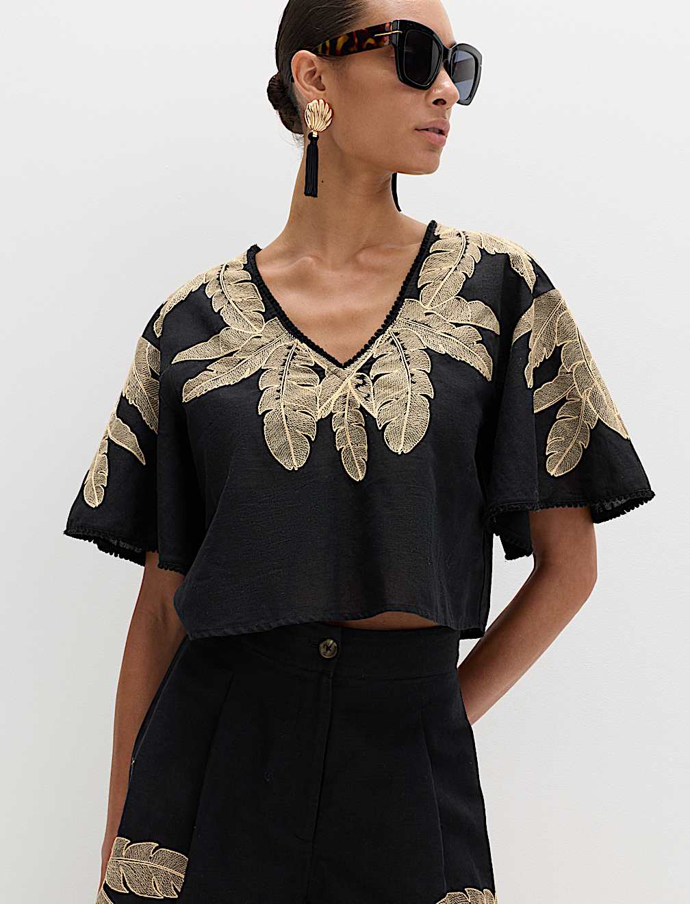 Cotton Rich Palm Embroidered Beach Top