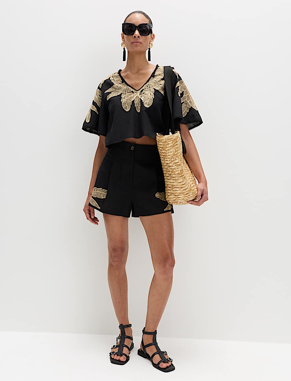 Cotton Rich Palm Embroidered Beach Shorts