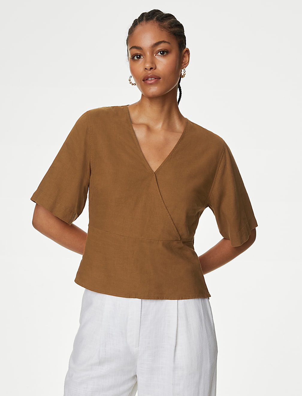 Linen Rich V Neck Kimono Sleeve Blouse