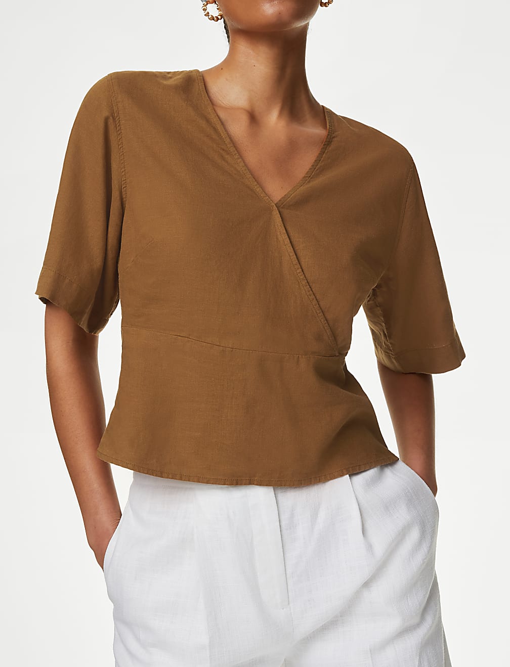 Linen Rich V Neck Kimono Sleeve Blouse