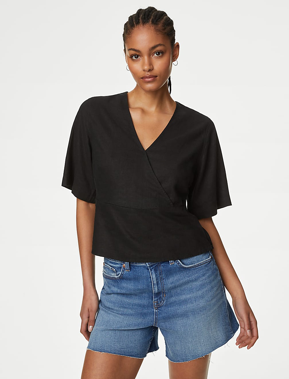 Linen Rich V Neck Kimono Sleeve Blouse