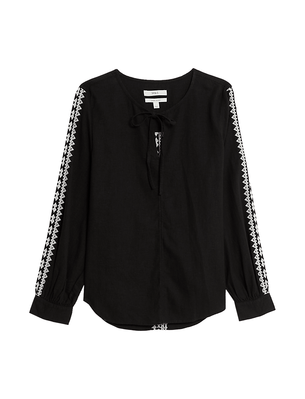 Linen Blend Embroidered Tie Neck Blouse
